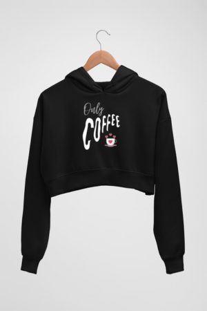 Only Coffee Printed Black Cotton Crop Hoodie