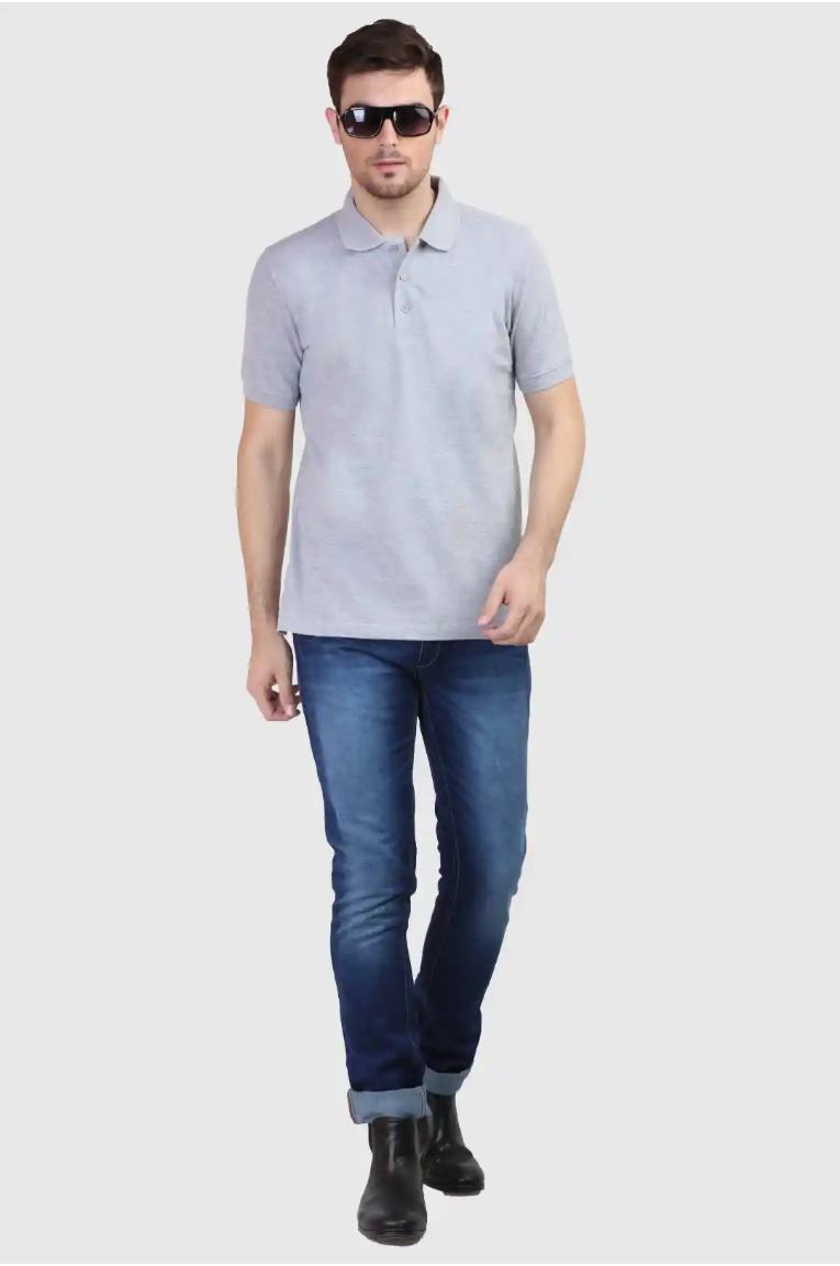 Men Grey Melange Polo T-Shirt - Image 2