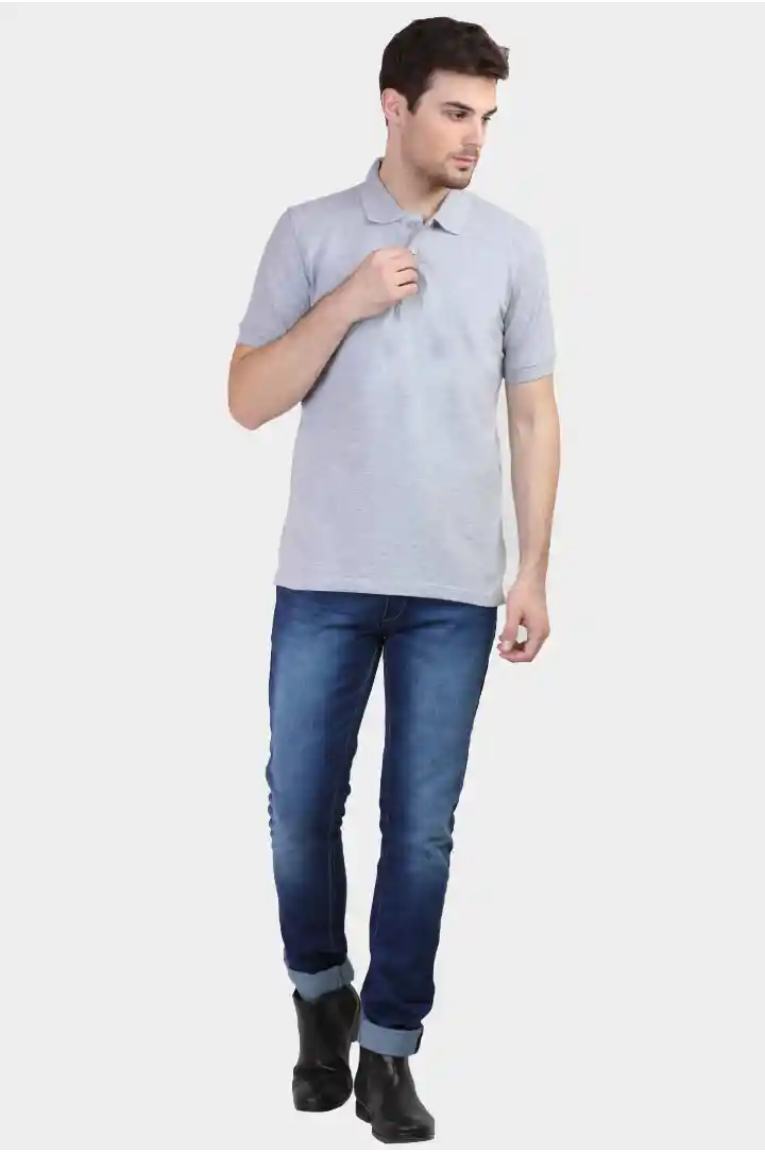 Men Grey Melange Polo T-Shirt - Image 3