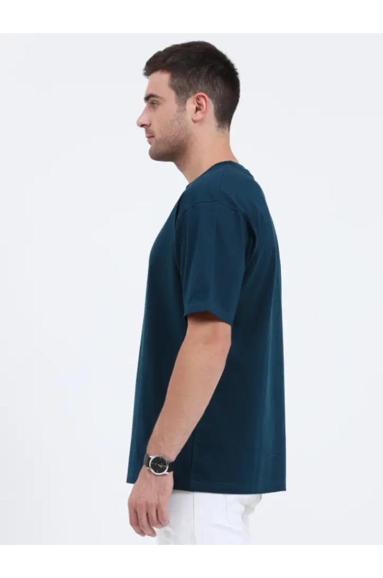 Left Shoulder Petrol Blue Oversized T-SHIRT