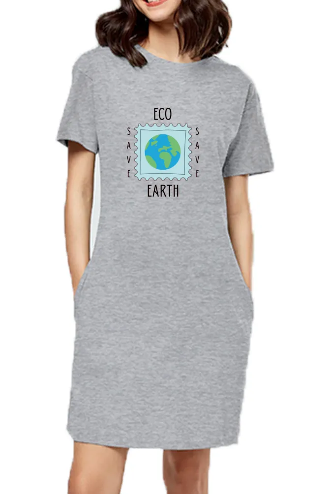 Eco Save Earth Printed Women Grey T-Shirt Dress ,Long Top