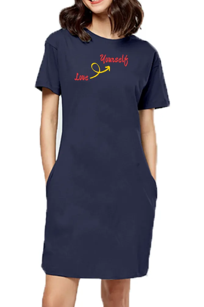 Love Yourself Women Navy Blue Color Cotton T-Shirt Dress