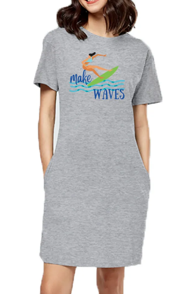 Make Waves Women Grey Cotton T-Shirt Dress ,Long Top