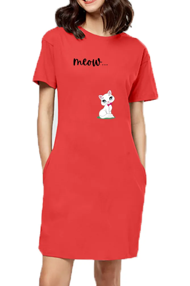 Meow Cat Printed Red Color Women Long T-Shirt Dress ,Long Top
