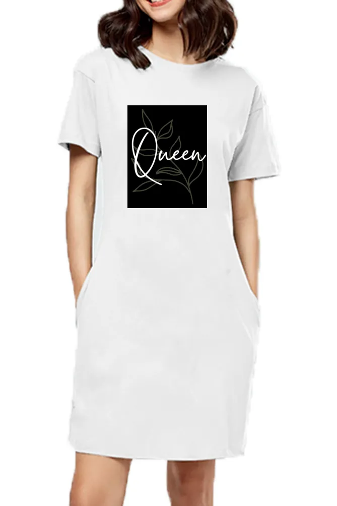 Queen Printed Women White Cotton T-Shirt Dress ,Long Top