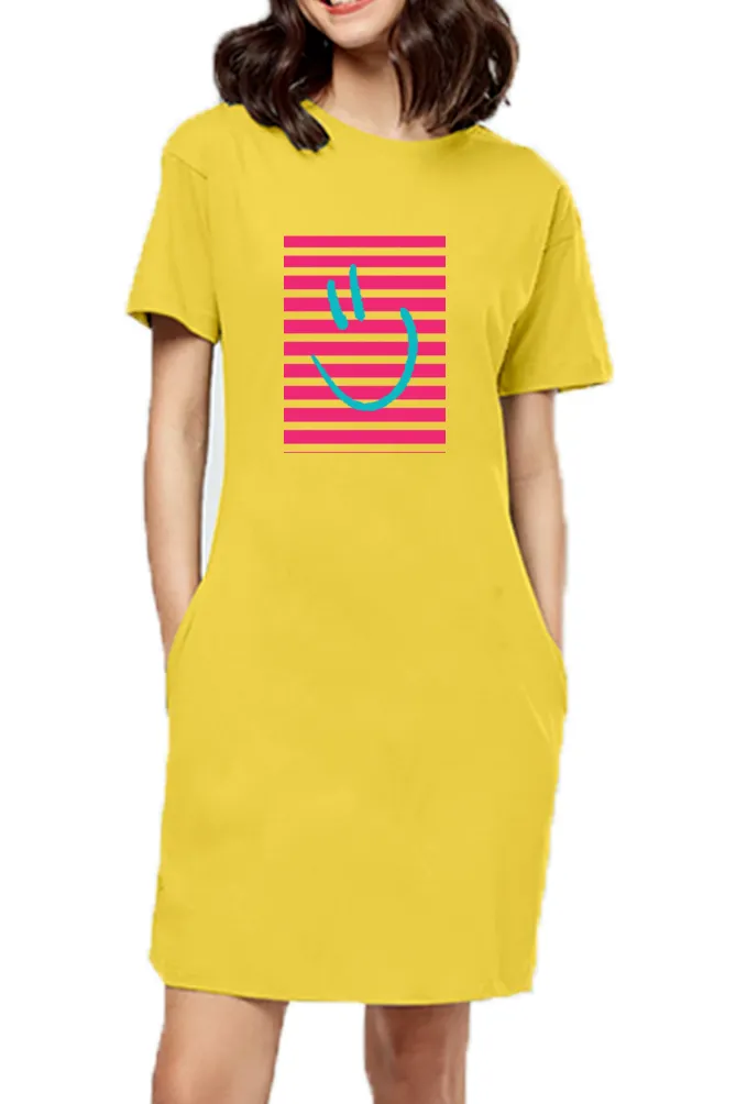 Smiley Printed Women Golden Yellow Color Cotton T-Shirt Dress