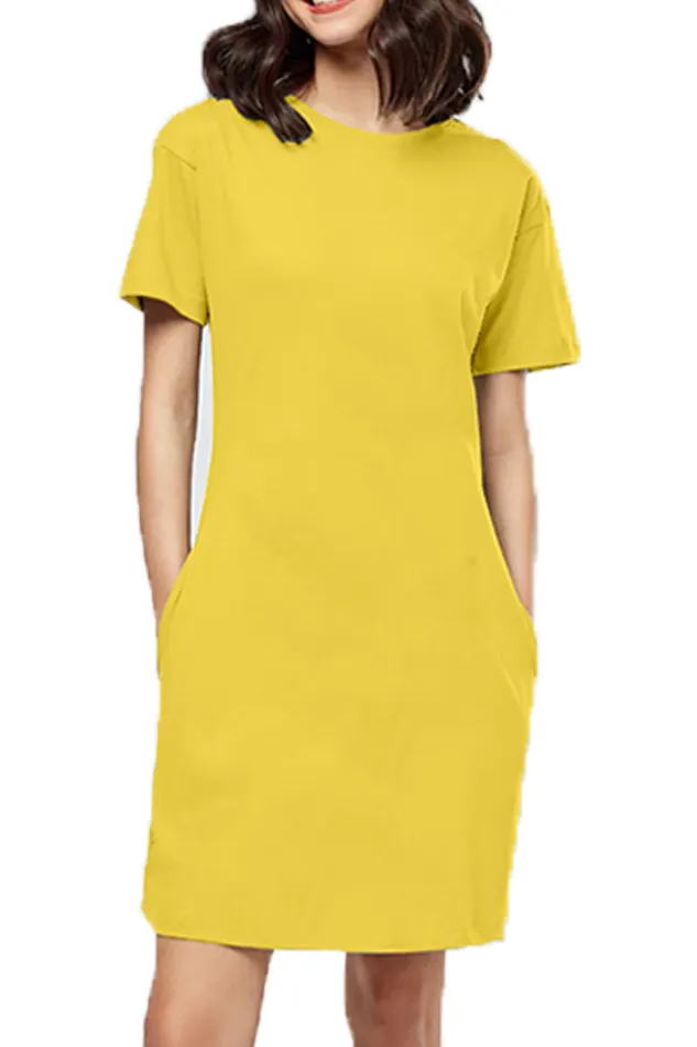 Plain Golden Yellow Knee Length Cotton T-Shirt Dress Long Top