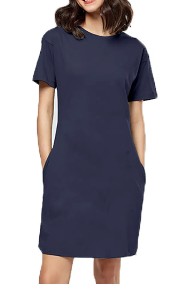 Navy Blue Plain T-shirt Dress Long Top