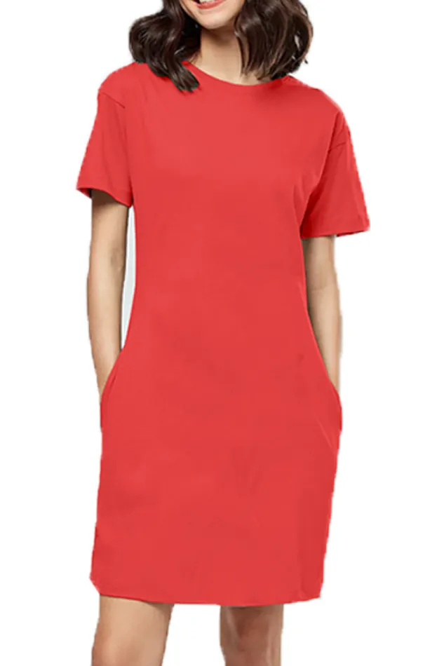 Red Plain Cotton T-Shirt Dress Long Top