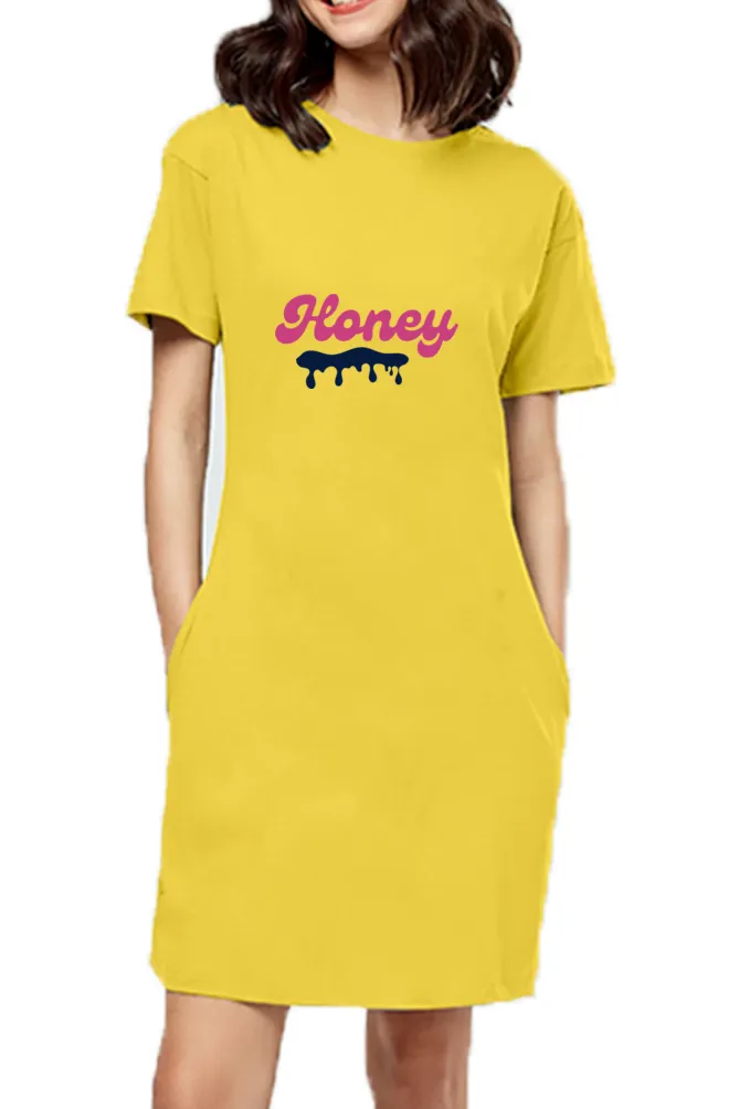 Honey Printed Yellow T-Shirt Dress Knee Length Cotton Top