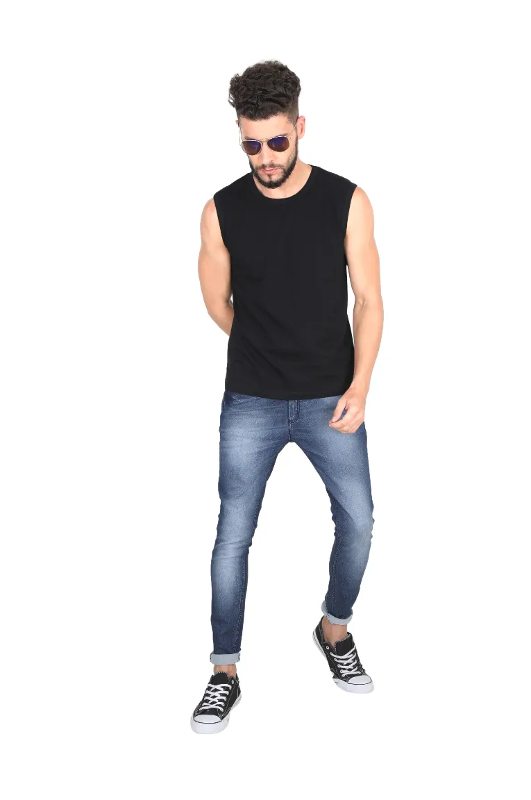 Men Sleeveless Cotton T-Shirt Gym Vest Black - Image 3