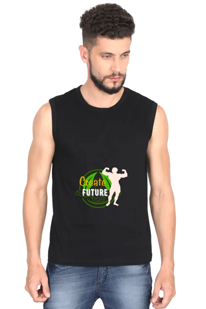 Create Future Men Sleeveless Cotton Black Vest