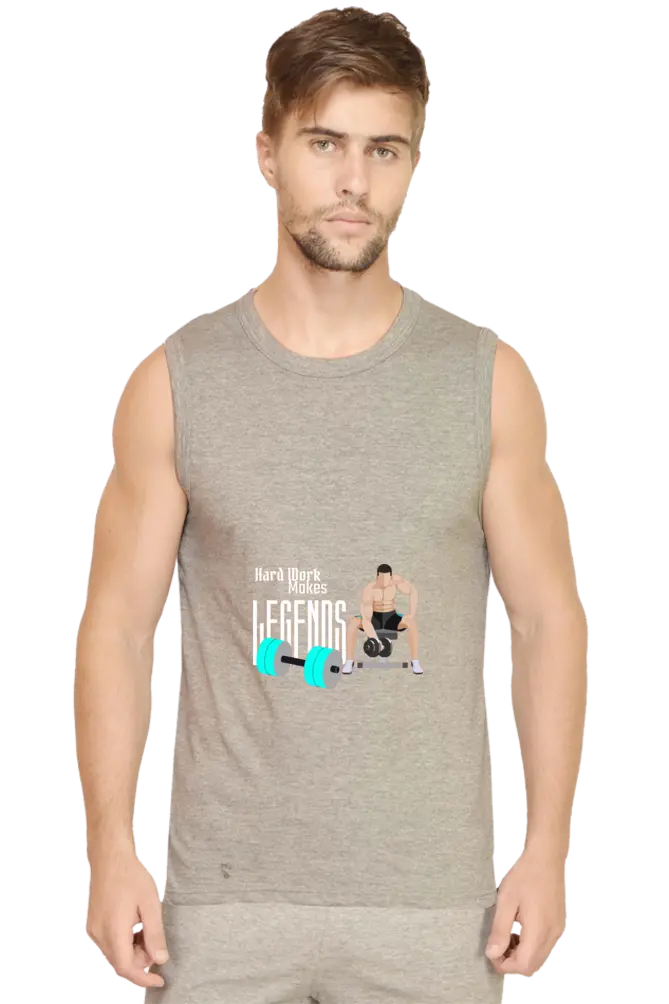 Hard Work Make Legends Men Sleeveless Cotton Grey Melange T-shirt