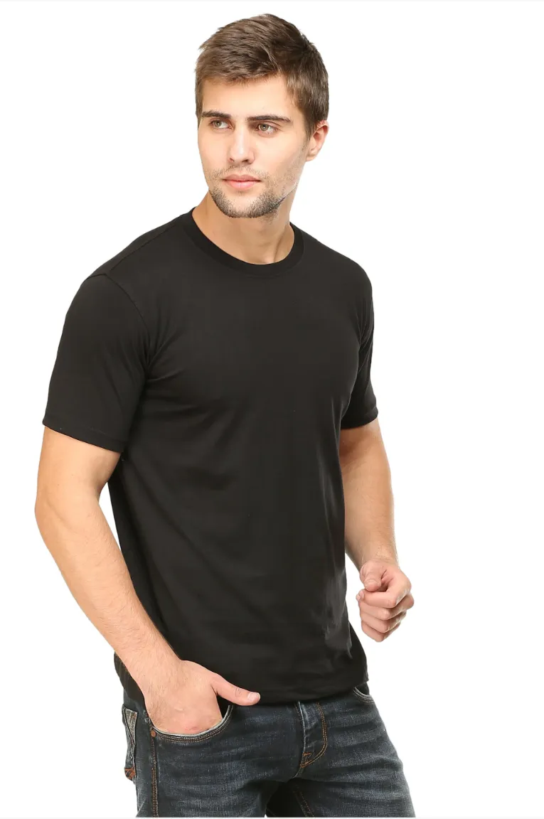 Men Round Neck Plain Cotton T-Shirt Black - Image 6