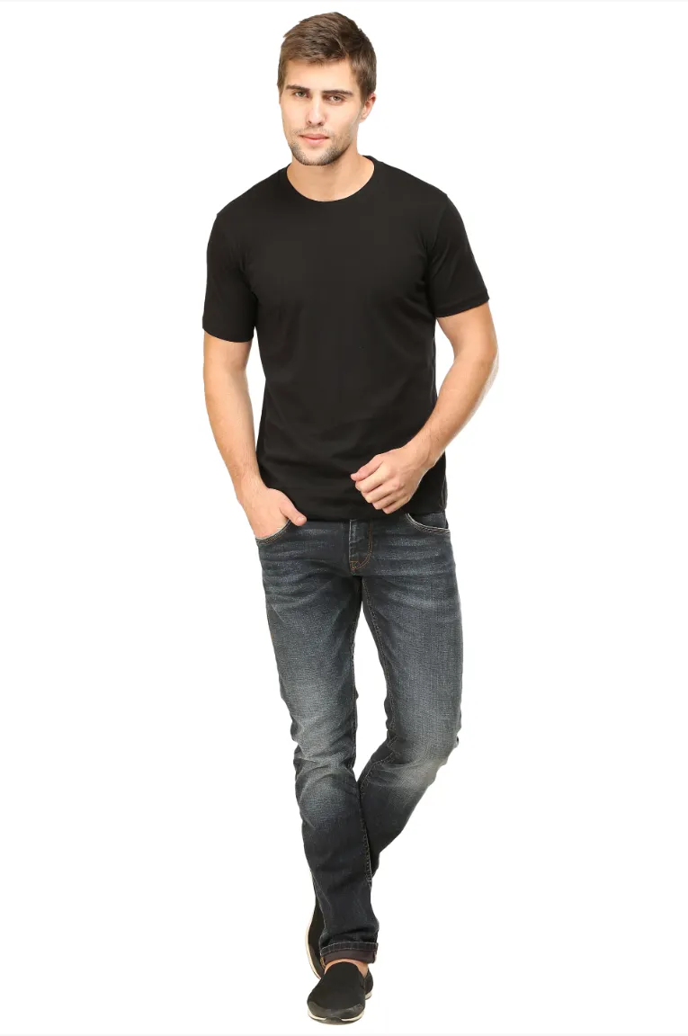 Men Round Neck Plain Cotton T-Shirt Black - Image 2
