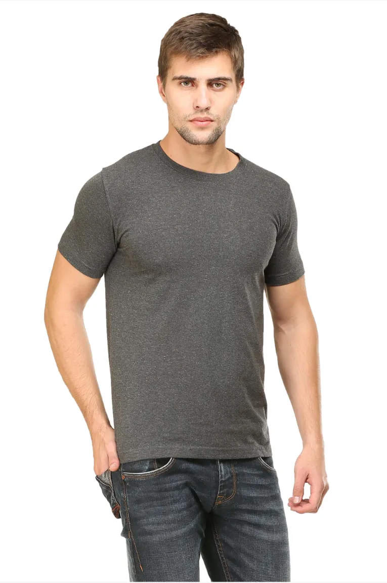 Men Round Neck Plain Cotton T-Shirt Charcoal Mélange - Image 2