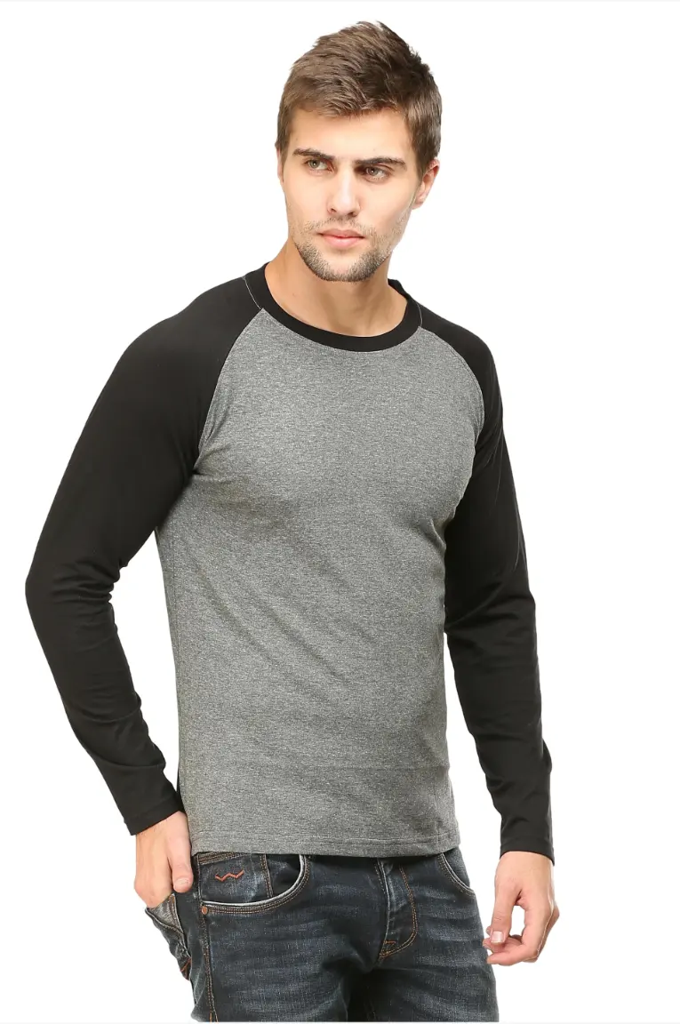 Men's Full Sleeve Raglan Cotton T-Shirt in Black/Charcoal Melange - Image 6
