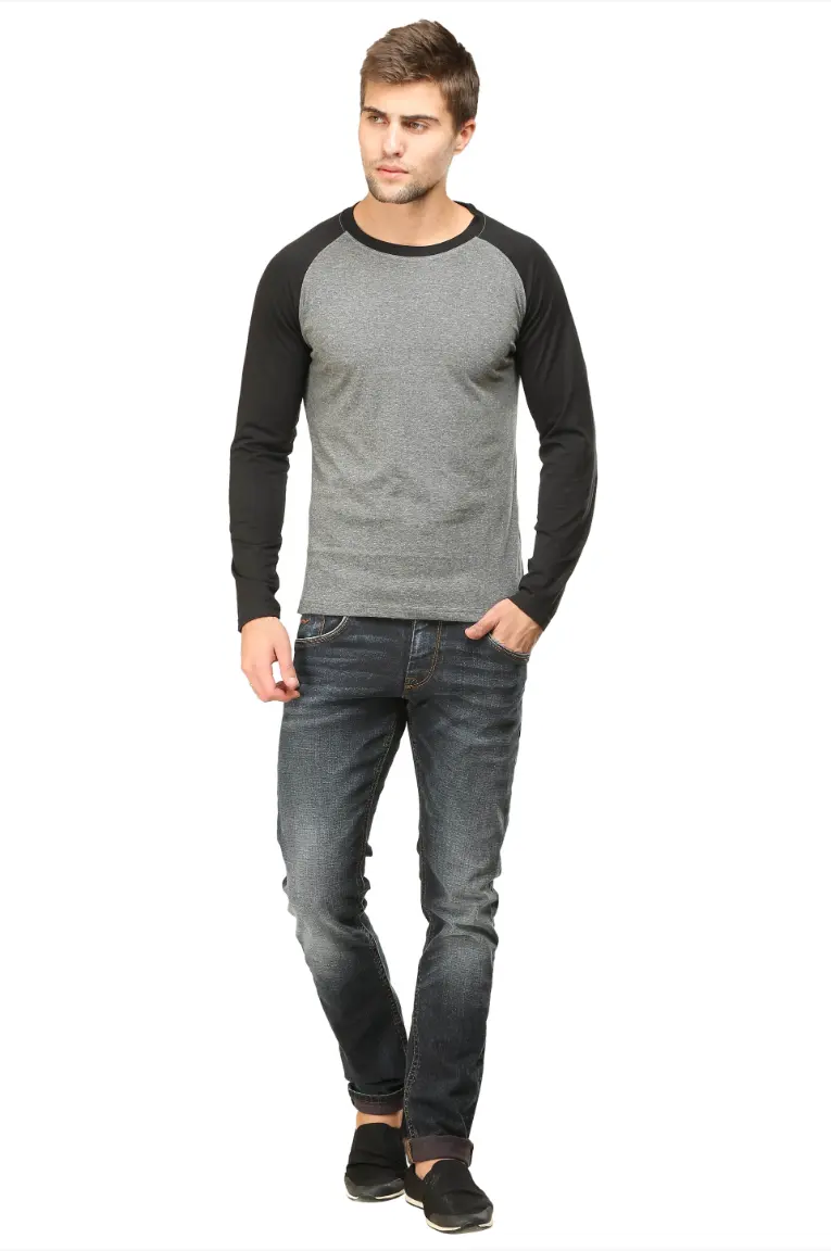 Men's Full Sleeve Raglan Cotton T-Shirt in Black/Charcoal Melange - Image 5