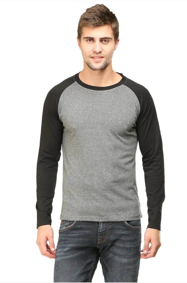 Men’s Full Sleeve Raglan Cotton T-Shirt in Black/Charcoal Melange