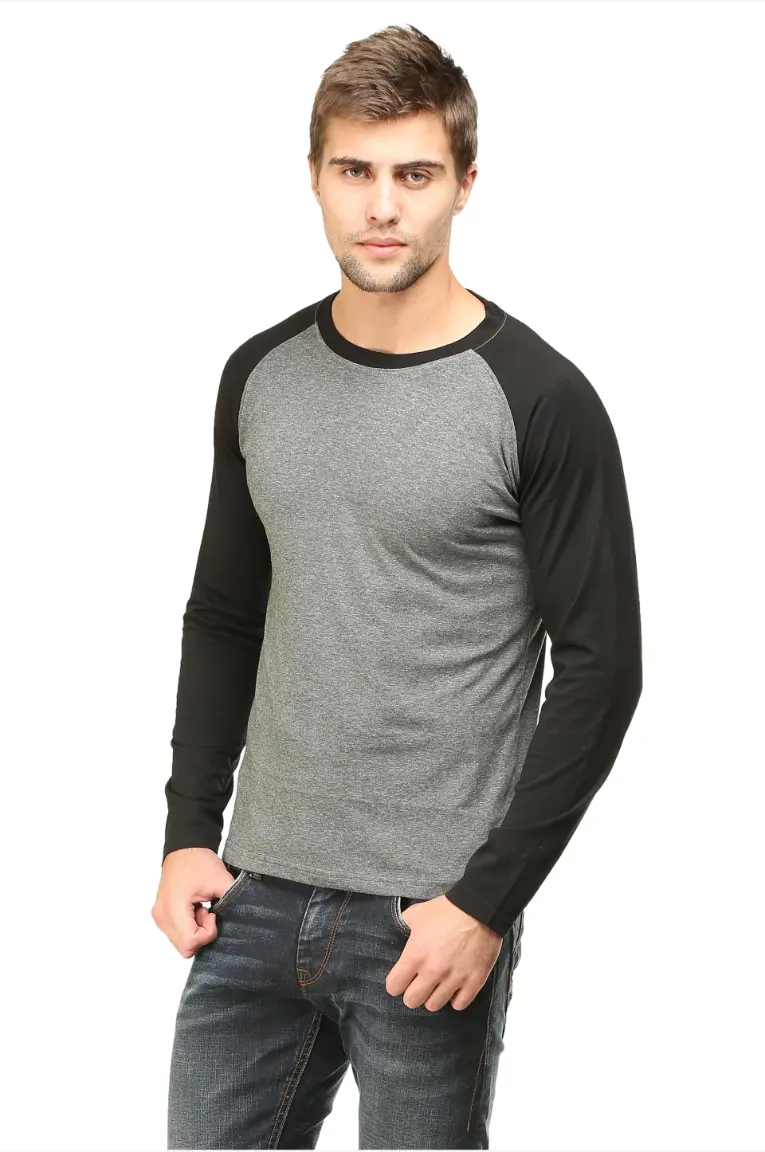 Men's Full Sleeve Raglan Cotton T-Shirt in Black/Charcoal Melange - Image 4