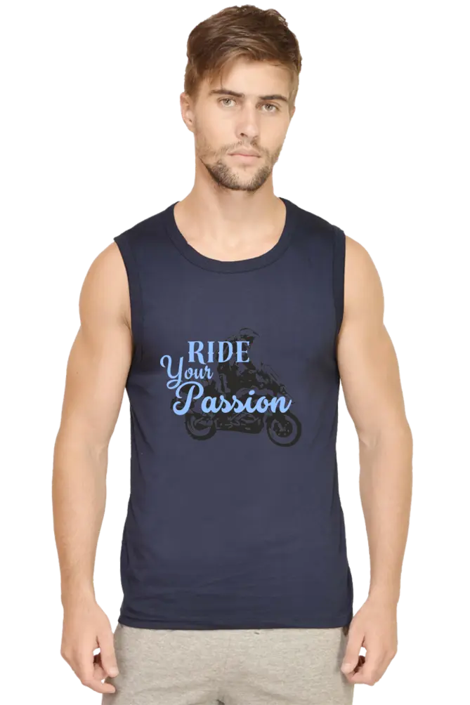 Men In Sleeveless T-shirt With Printed Quote Ride Your Passion
