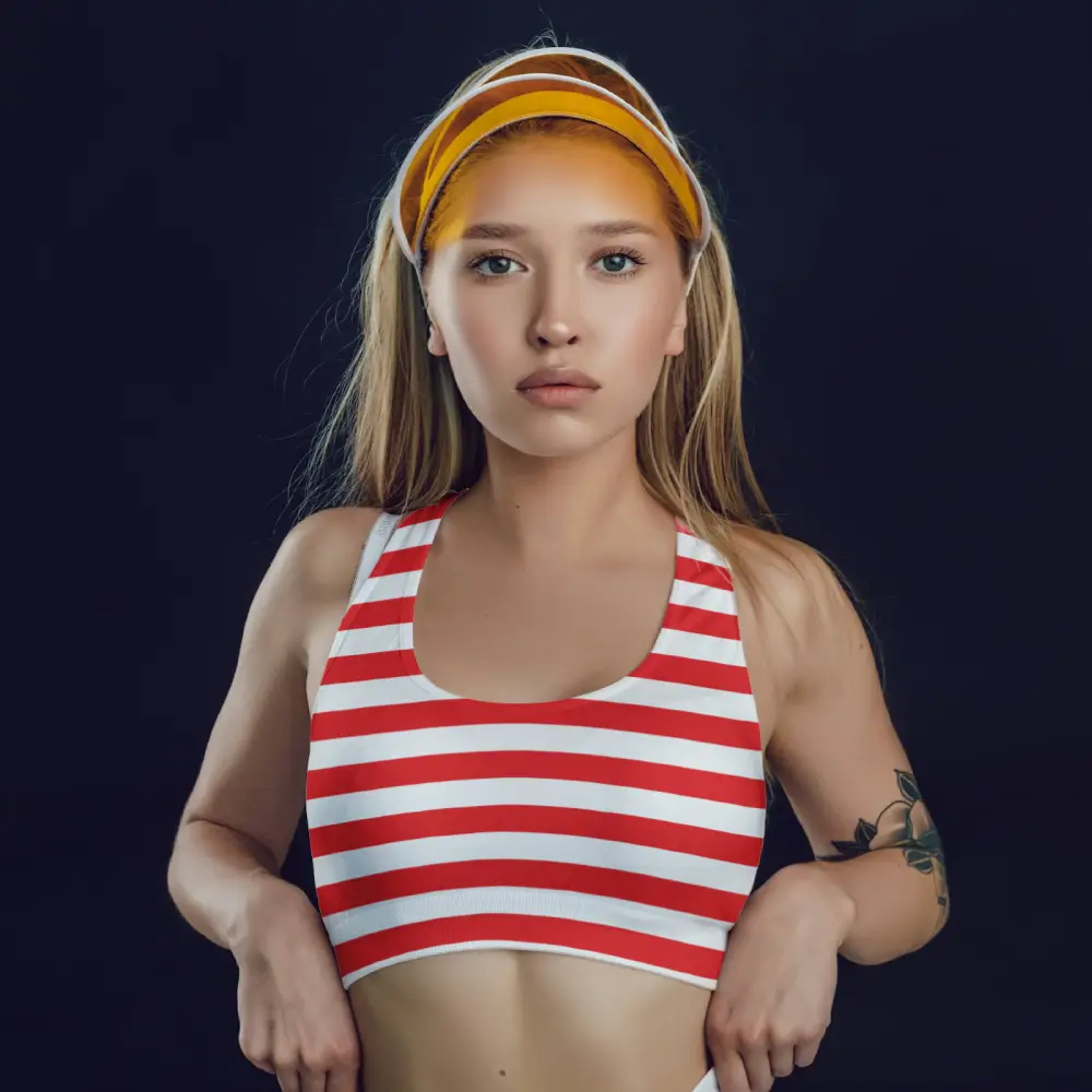 White Red Striped Sports Bra