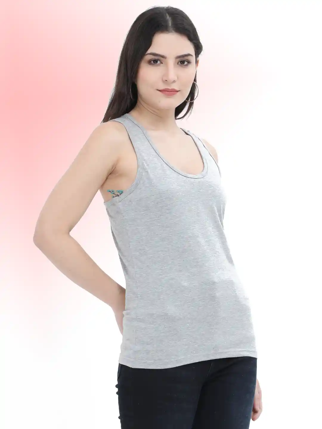 Women Sleeveless Grey Melange T-shirt Tank Top - Image 3