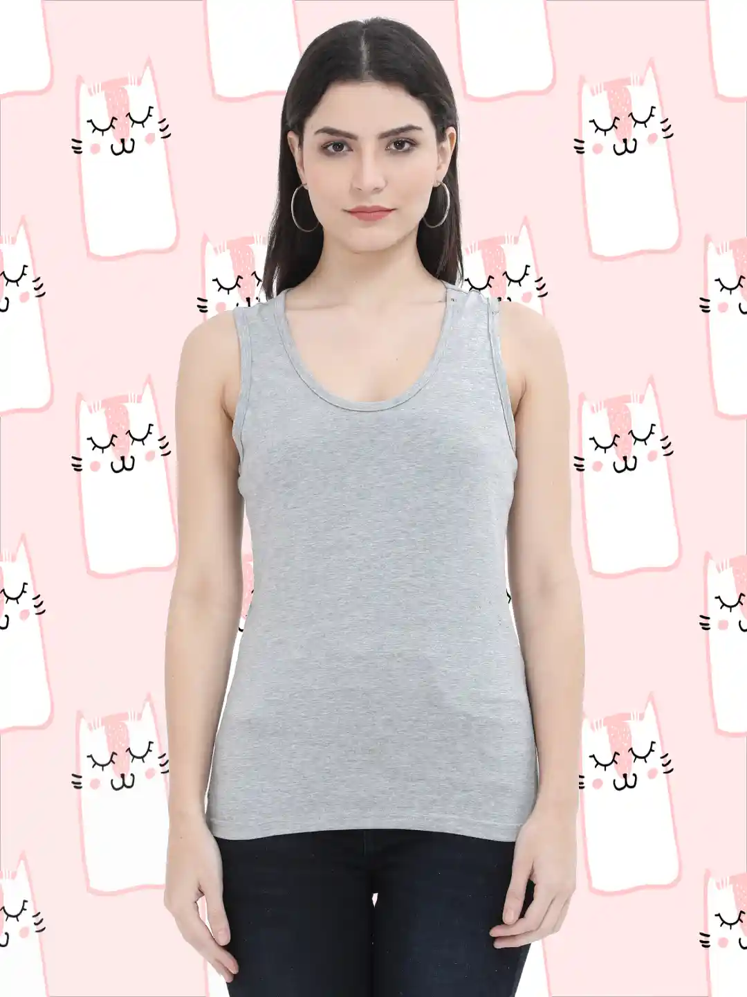 Women Sleeveless Grey Melange T-shirt Tank Top
