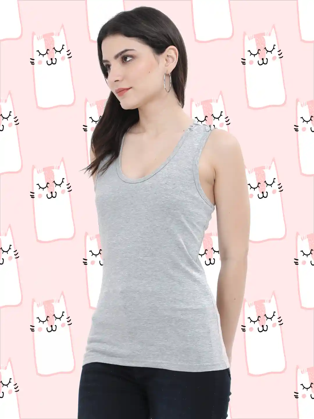 Women Sleeveless Grey Melange T-shirt Tank Top - Image 4