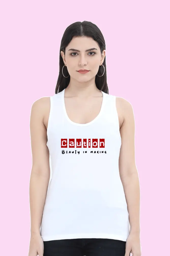 Caution Women White Color Tank Top