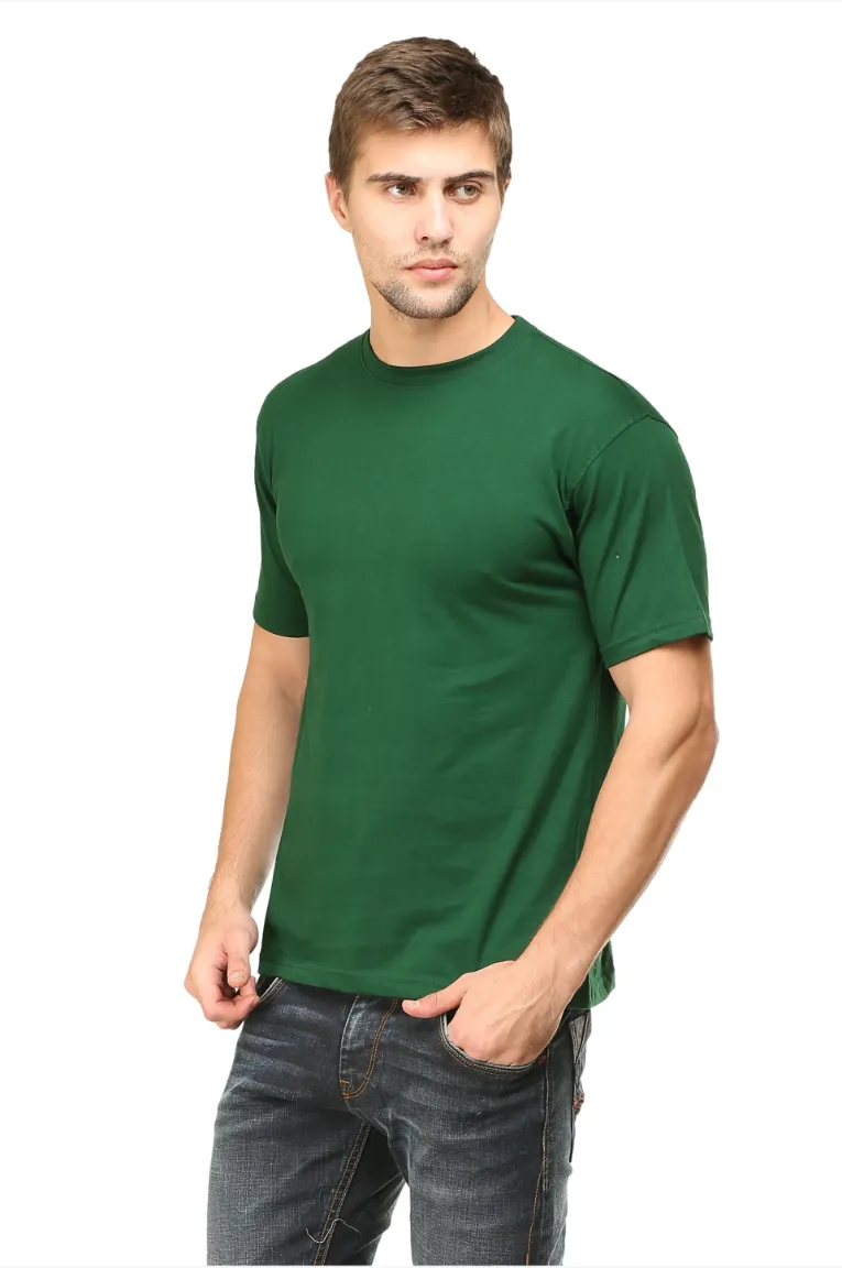 Men Round Neck Plain Cotton T-shirt Bottle Green - Image 3