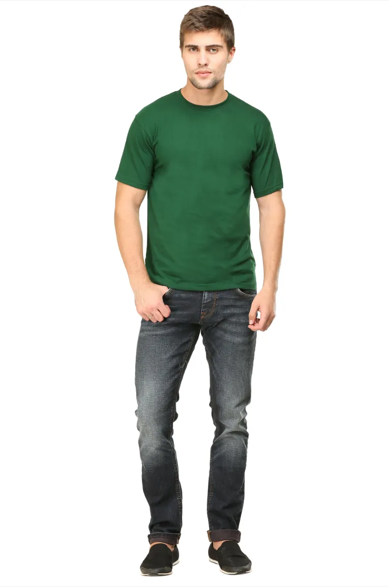 Men Round Neck Plain Cotton T-shirt Bottle Green - Image 2