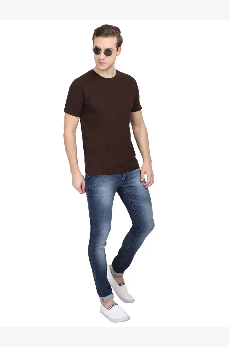 Men Round Neck Plain Cotton T-Shirt Coffee Brown - Image 4