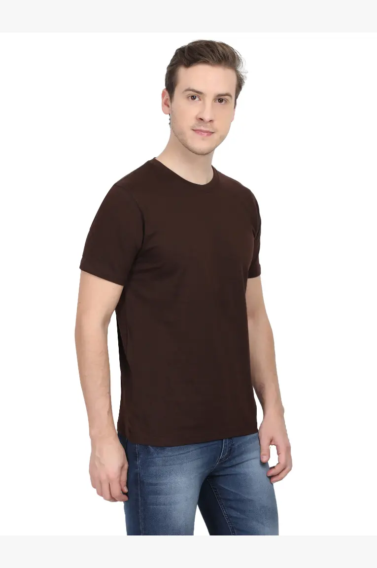 Men Round Neck Plain Cotton T-Shirt Coffee Brown - Image 6