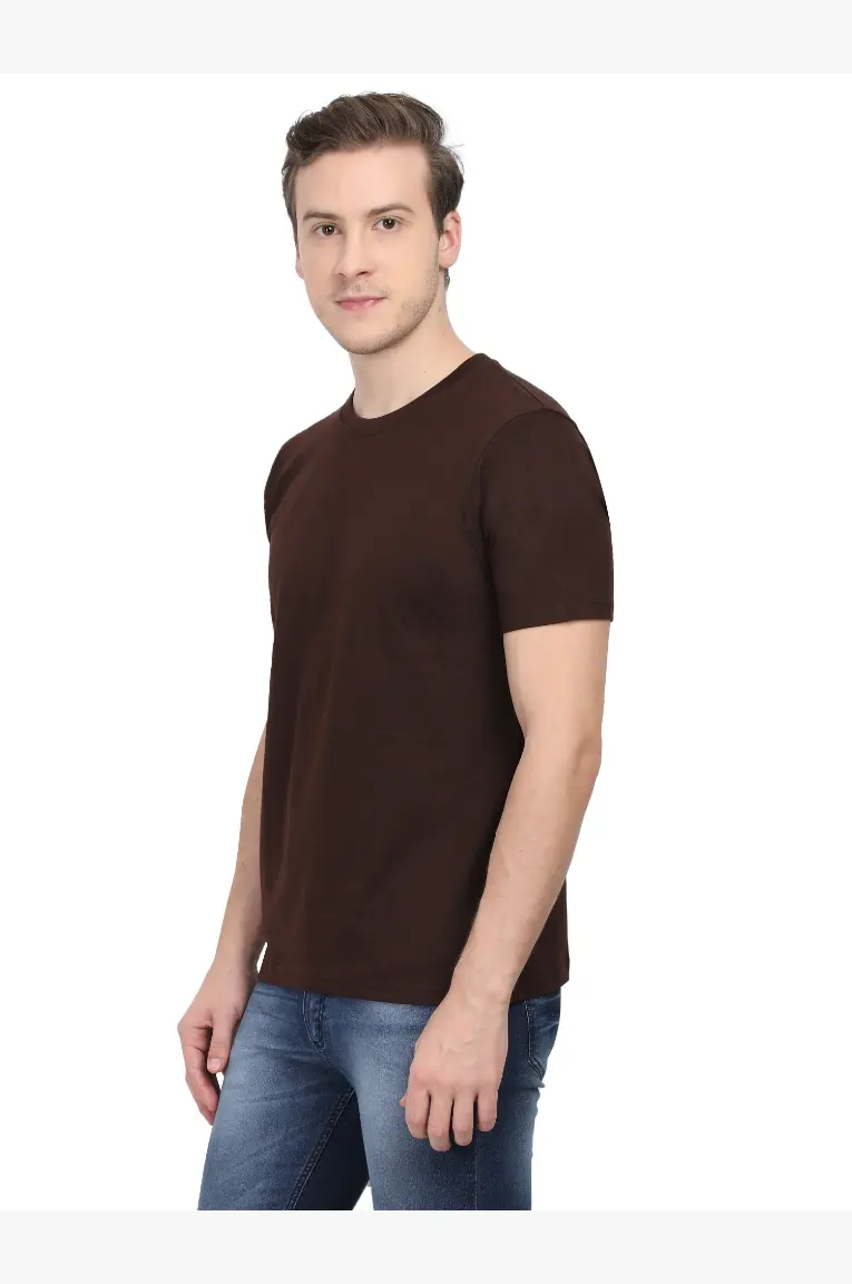 Men Round Neck Plain Cotton T-Shirt Coffee Brown - Image 5