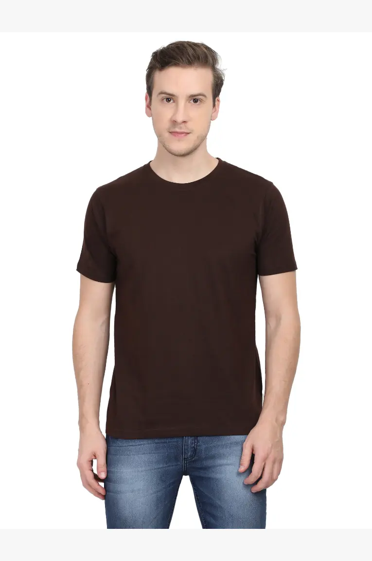 Men Round Neck Plain Cotton T-Shirt Brown