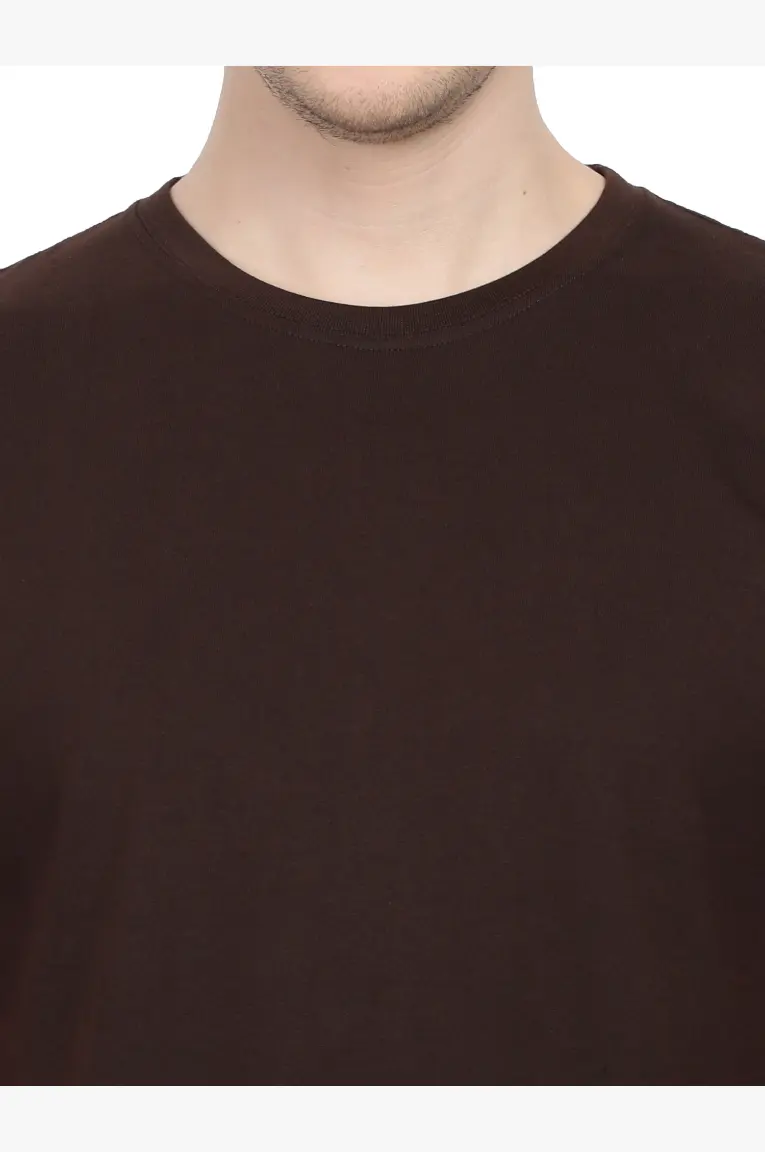 Men Round Neck Plain Cotton T-Shirt Coffee Brown - Image 3