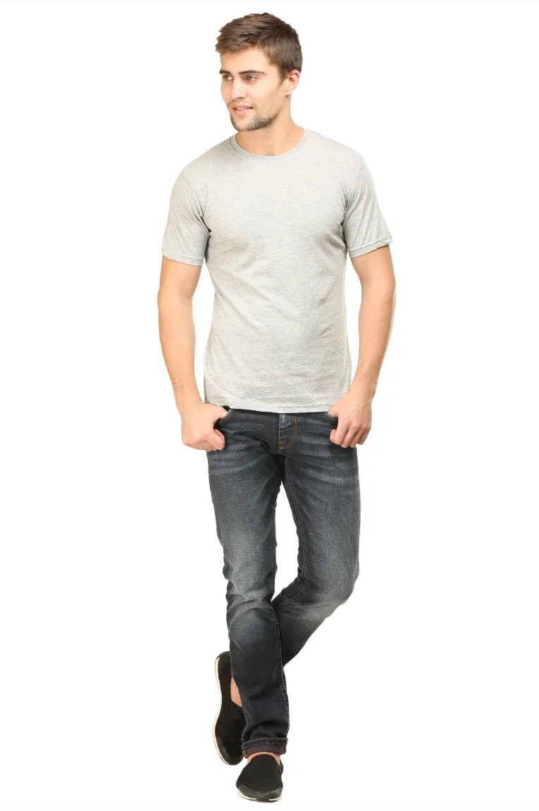 Men Round Neck Plain Cotton T-Shirt Grey - Image 4