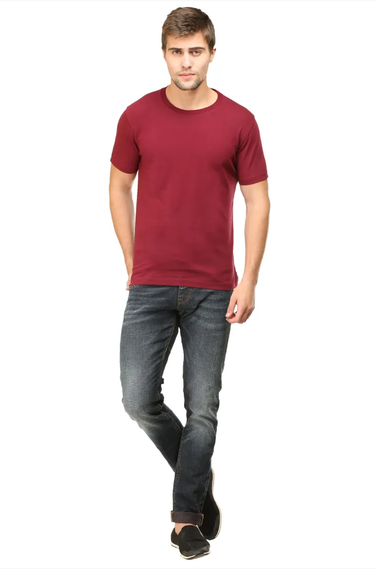 Men Round Neck Plain Cotton T-Shirt Maroon - Image 3