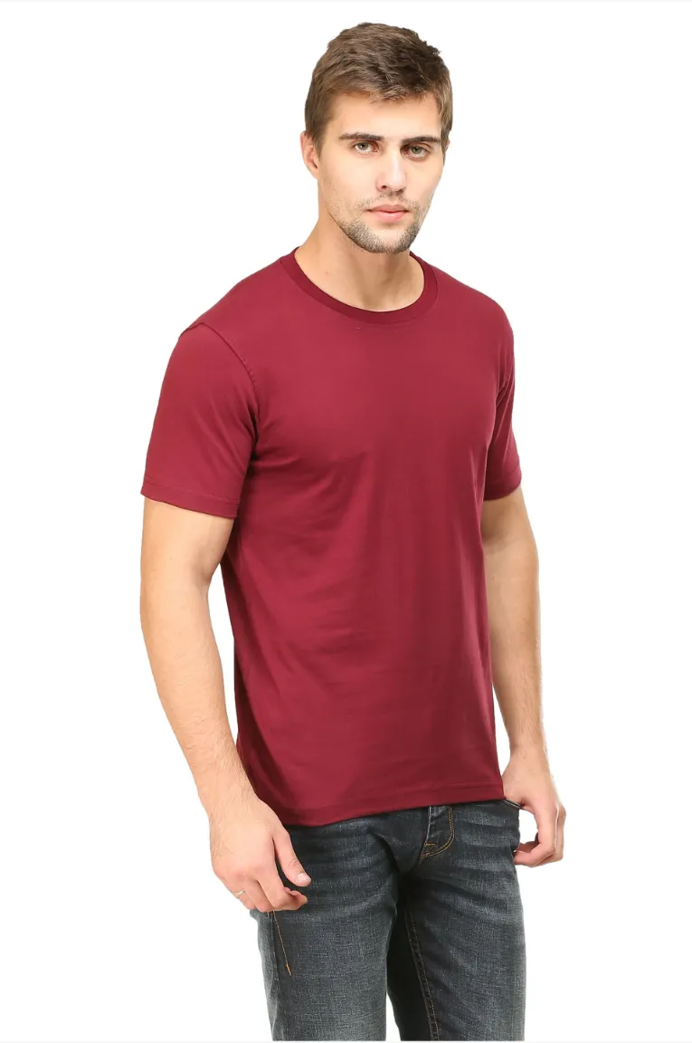 Men Round Neck Plain Cotton T-Shirt Maroon - Image 4