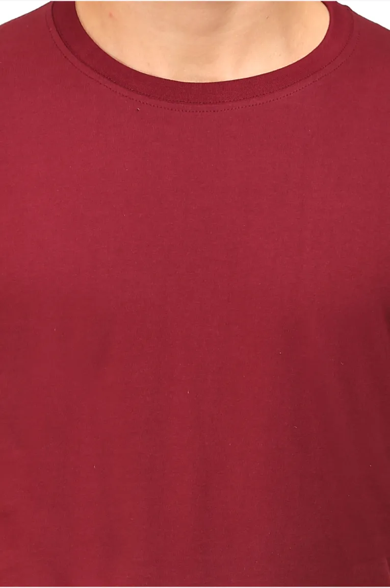 Men Round Neck Plain Cotton T-Shirt Maroon - Image 6