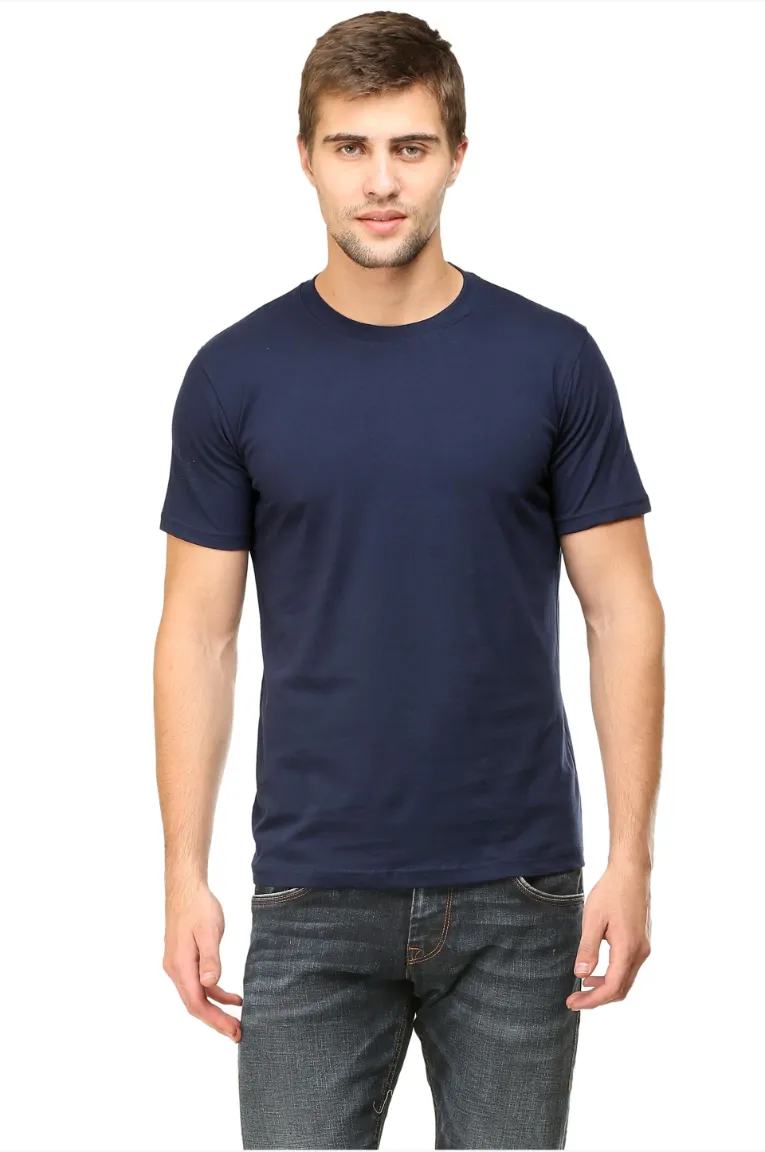 Men Round Neck Plain Cotton T-Shirt Navy Blue