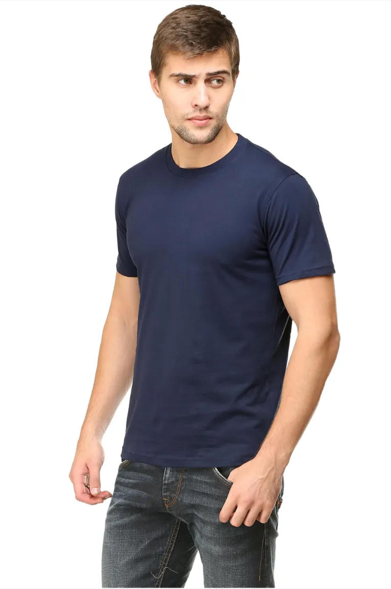 Men Round Neck Plain Cotton T-Shirt Navy Blue - Image 4