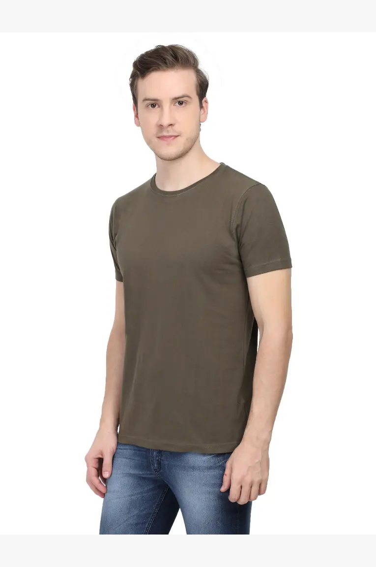 Men Round Neck Plain Cotton T-Shirt Olive Green