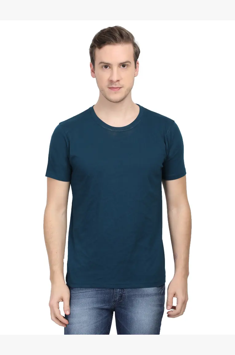 Men Round Neck Plain Cotton T-Shirt Petrol Blue