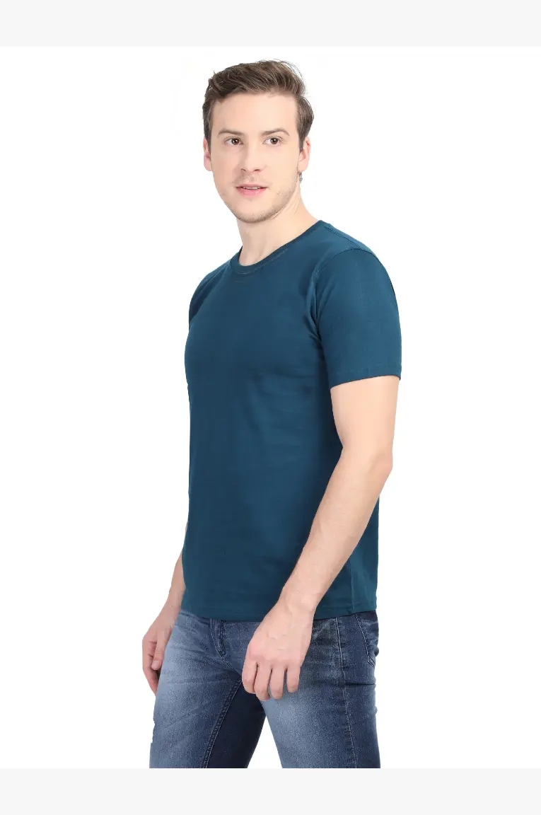 Men Round Neck Plain Cotton T-Shirt Petrol Blue - Image 4