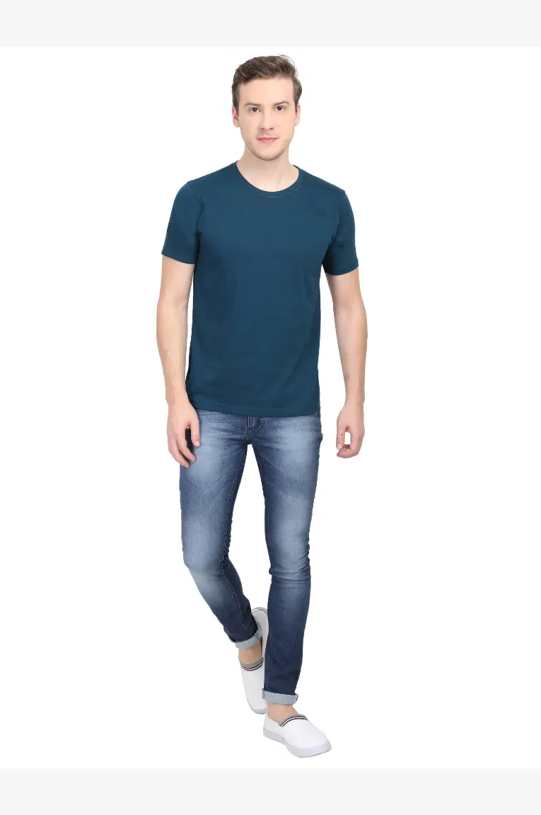 Men Round Neck Plain Cotton T-Shirt Petrol Blue - Image 3