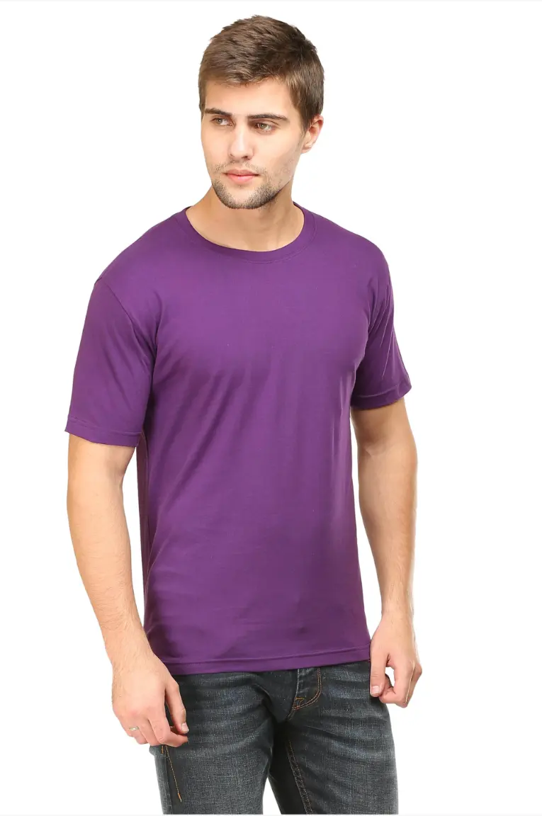 Men Round Neck Plain Cotton T-shirt Purple - Image 5