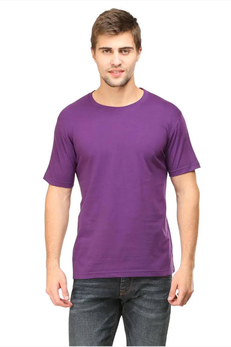 Men Round Neck Plain Cotton T-shirt Purple
