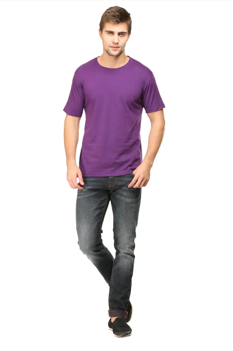 Men Round Neck Plain Cotton T-shirt Purple - Image 4